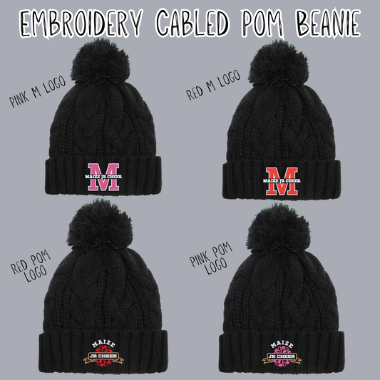 MJC- Maize Jr Cheer Logo Embroidered Cabled Pom Beanie