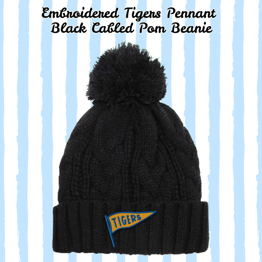 Peterson Elementary Tiger Pennant Embroidered Black Cabled Pom Beanie