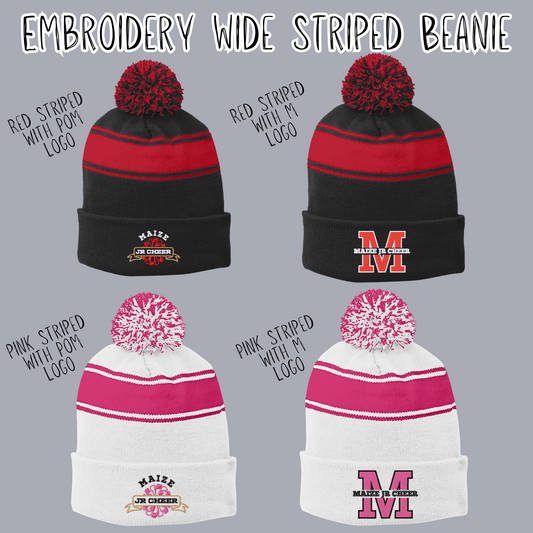 MJC- Maize Jr Cheer Logo Embroidered Wide Striped Pom Beanie