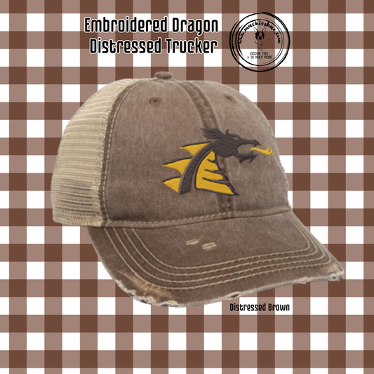 BP- Dragon Embroidery Distressed Brown Trucker Hat