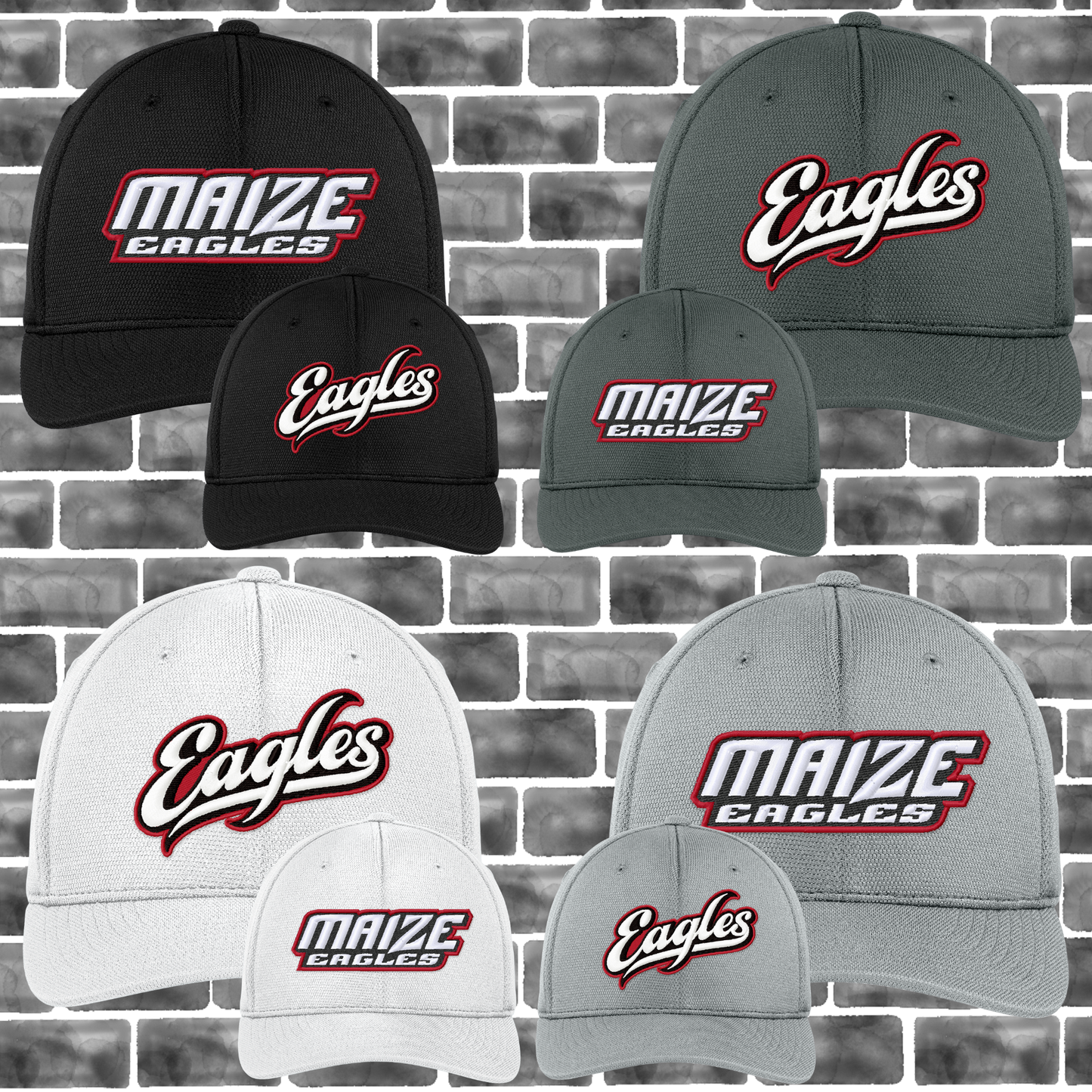 MIS- Maize Eagles or Eagles Script Hat, Flexfit Cool & Dry Polymesh Hat, 2 Sizes Fitted