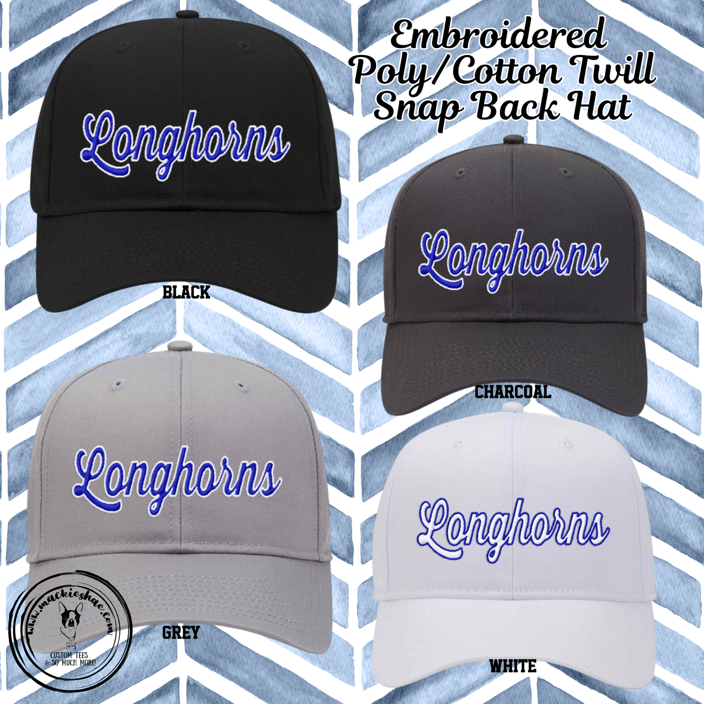 Chisholm Trail- Longhorns Embroidered Poly/Cotton Twill Hat (structured, mid-profile) with Snap Closure