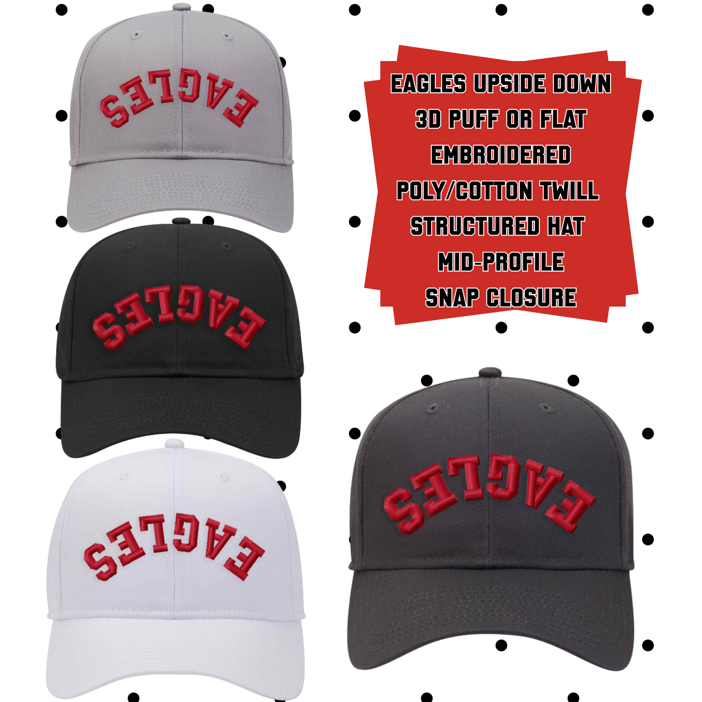 MIS- Eagles Upside Down Embroidered Poly/Cotton Twill Hat (structured, mid-profile) with Snap Closure