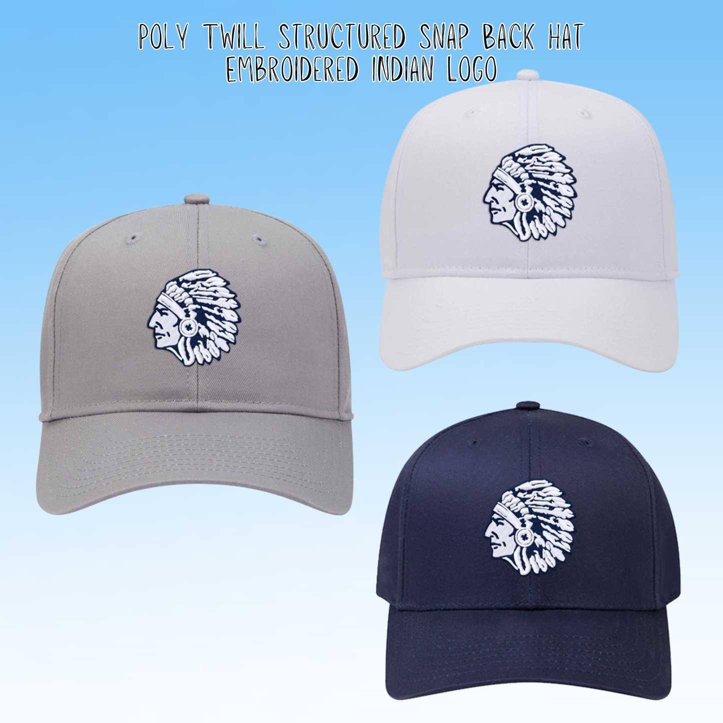 Clearwater-  Indian Logo Embroidery Poly Twill Structured Snap Back Hat