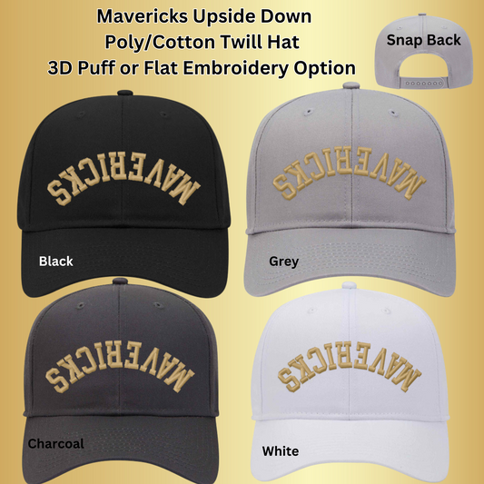 Mavs- Mavericks Upside Down Poly/Cotton Twill Hat (structured, mid-profile) with Snap Closure, 4 Colors
