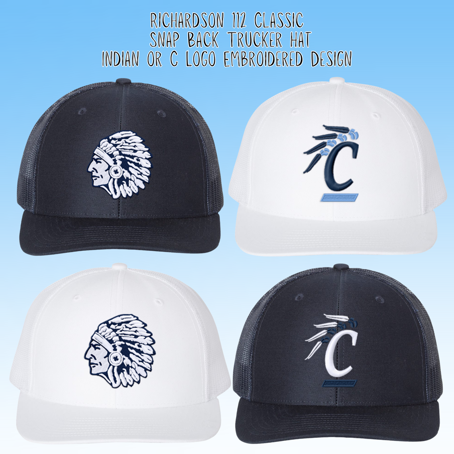 Clearwater-  Indian or C Logo Embroidery Richardson 112 Classic Trucker Snap Back Hat