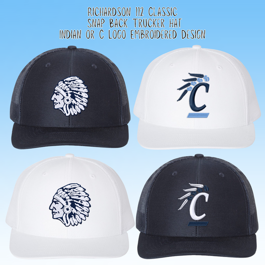 Clearwater-  Indian or C Logo Embroidery Richardson 112 Classic Trucker Snap Back Hat
