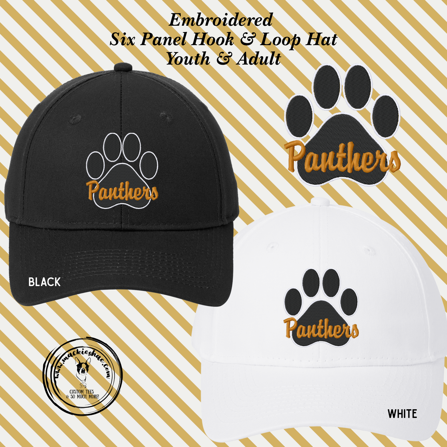 OK- Panthers Paw Embroidered Six Panel Twill Hook & Loop Hat, Youth & Adult Sizes