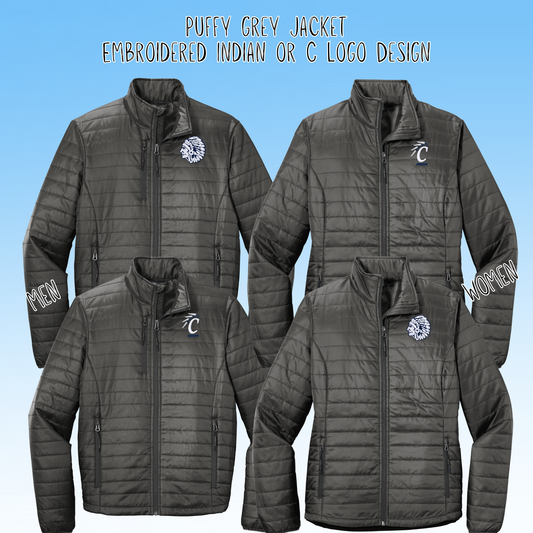 Clearwater- Indian or C Logo Embroidery Grey Puffy Jacket (Men and Women's Sizes)