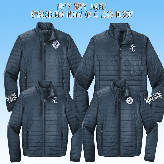 Clearwater- Indian or C Logo Embroidery Navy Puffy Jacket (Men and Women's Sizes)