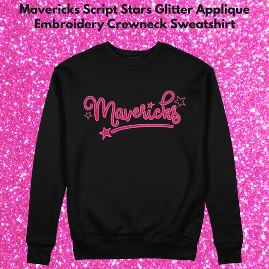 Mavs- Mavericks Pink Glitter Applique & Embroidery Script Stars Black Blend Crewneck Sweatshirt for Youth and Adults