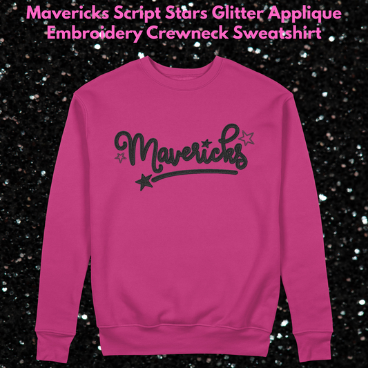 Mavs- Mavericks Black Glitter Applique & Embroidery Script Stars Heliconia Blend Crewneck Sweatshirt, Adult Only