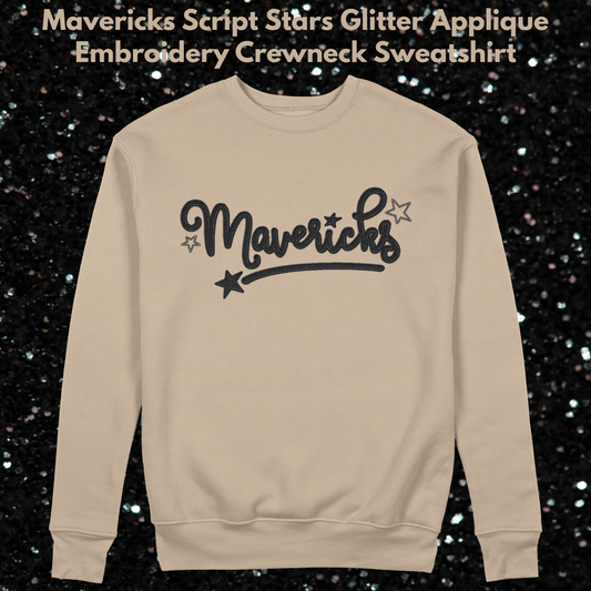 Mavs- Mavericks Black Glitter Applique & Embroidery Script Stars Sand Blend Crewneck Sweatshirt, Adult Only