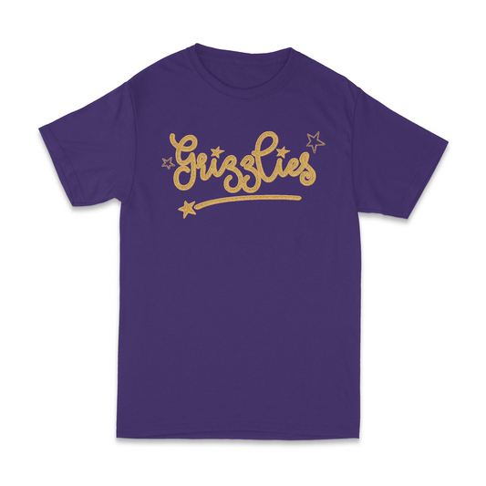 Butler Grizzlies Gold Star GLITTER Applique Embroidered Purple Blend Short Sleeve Shirt