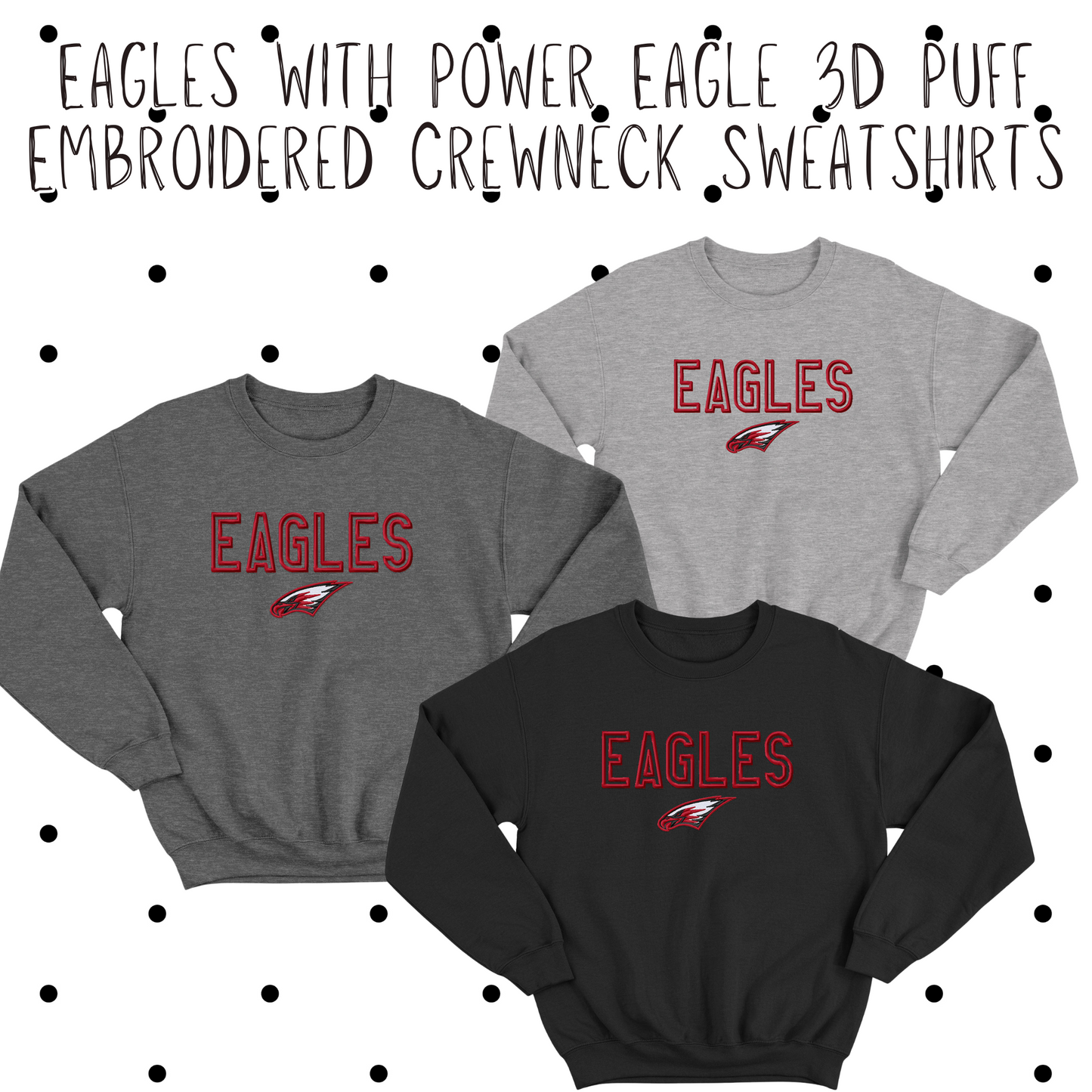 MIS- Eagles with Power Eagle Logo 3D Puff Embroidered Blend Crewneck Sweatshirt