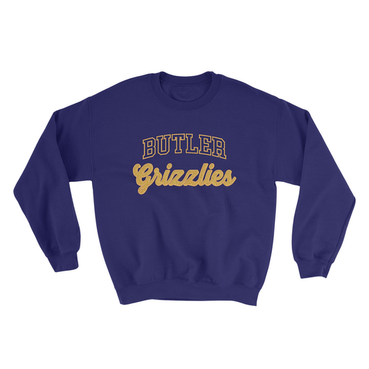 Butler Grizzlies Gold GLITTER Applique Embroidered Purple Blend Crewneck Sweatshirt