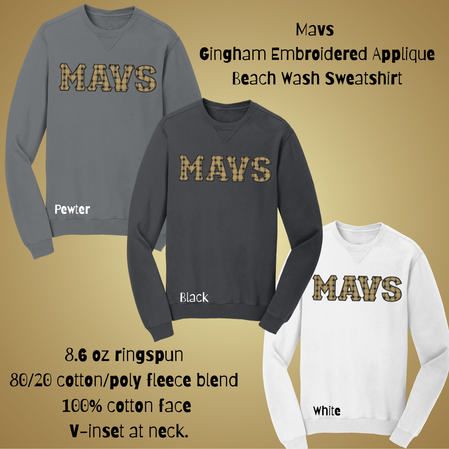 Mavs- Mavs Gingham Embroidered Applique Beach Wash Sweatshirt