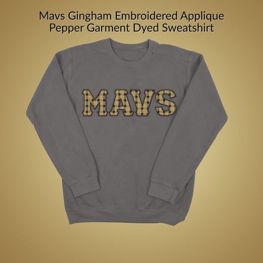 Mavs- Mavs Gingham Embroidered Applique Pepper Garment Dyed Sweatshirt
