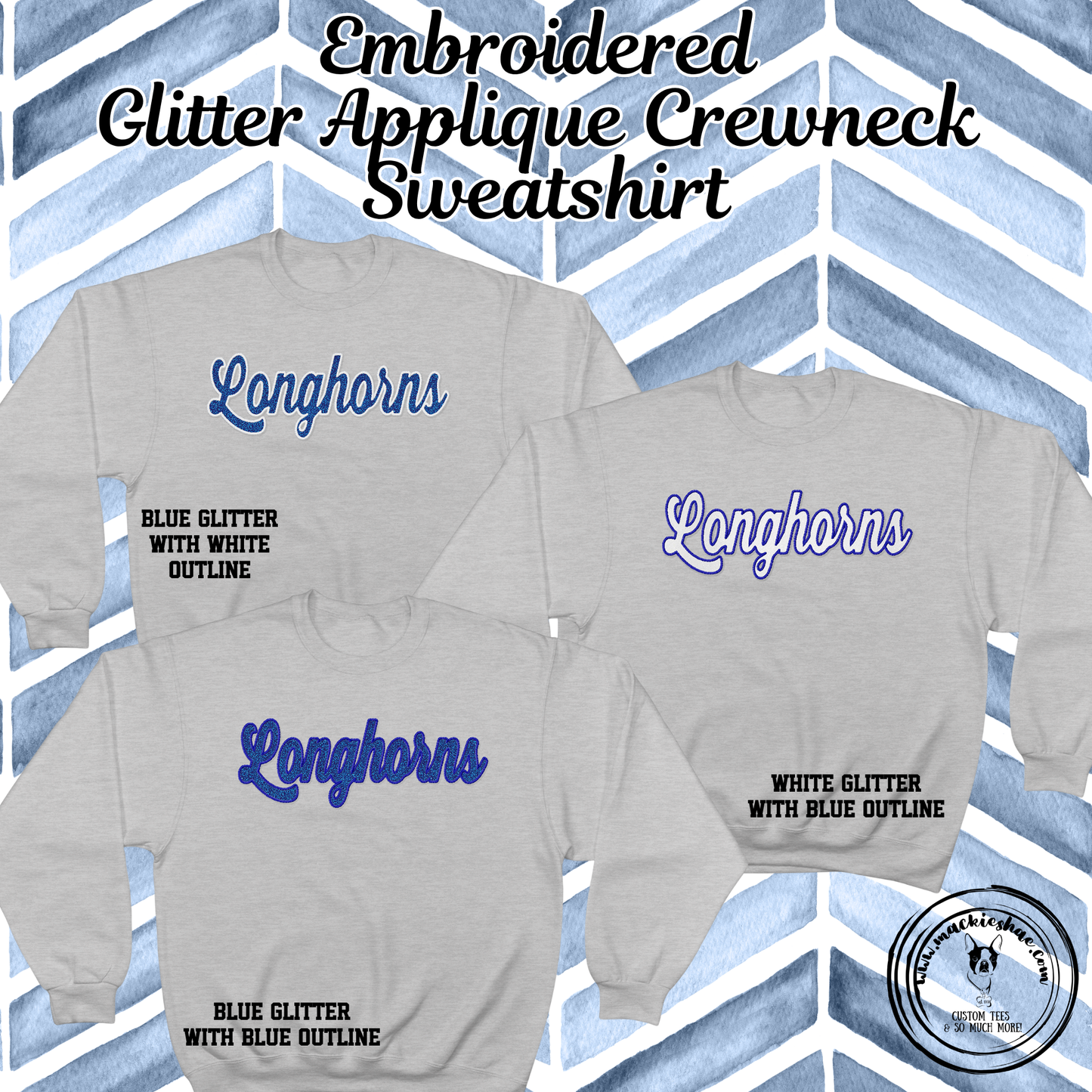 Chisholm Trail- Longhorns Script Glitter Applique Embroidered Ash Crewneck Sweatshirt