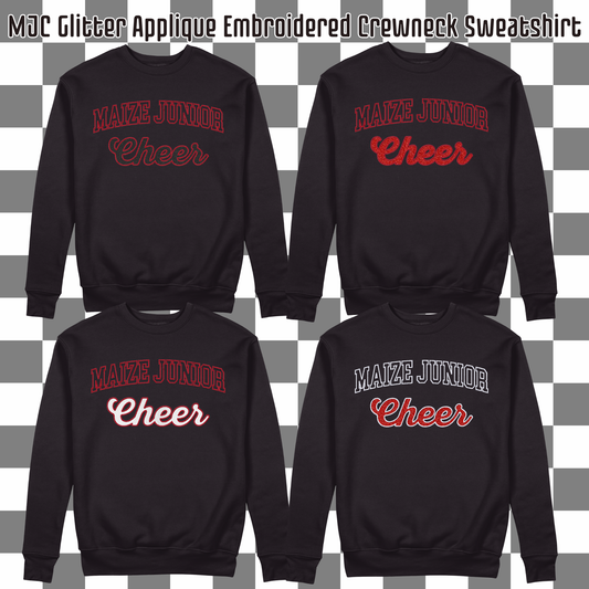 MJC- Maize Junior Cheer Glitter Applique and Embroidery Black Crewneck Sweatshirt (4 Design Options)