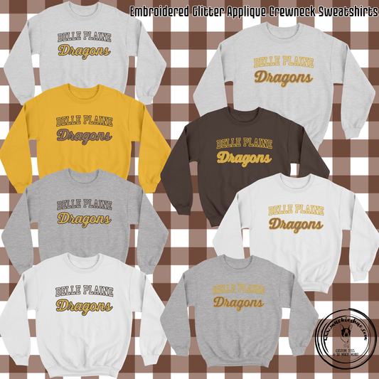 BP- Belle Plaine Dragons Glitter Applique Embroidery Crewneck Sweatshirt