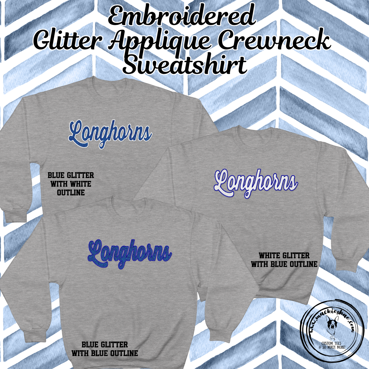 Chisholm Trail- Longhorns Script Glitter Applique Embroidered Sport Grey Crewneck Sweatshirt