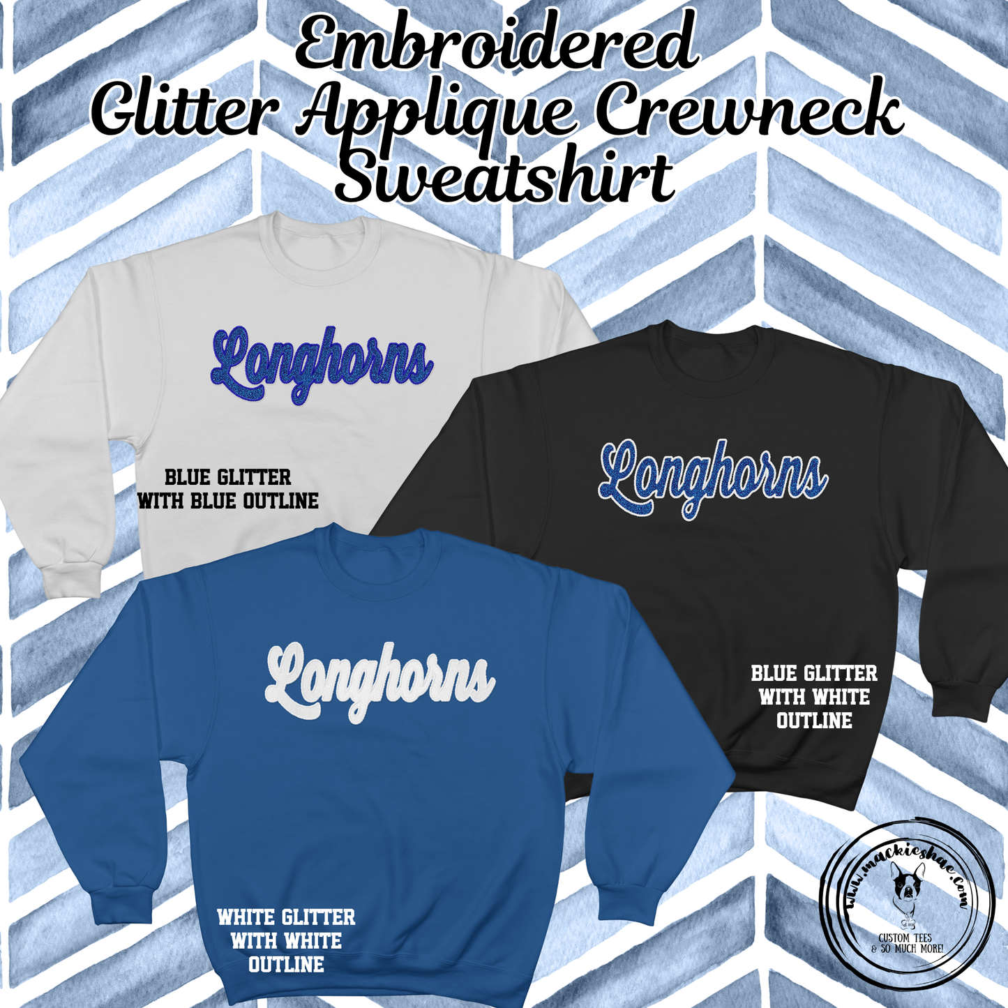 Chisholm Trail- Longhorns Script Glitter Applique Embroidered White, Black, or Blue Crewneck Sweatshirt