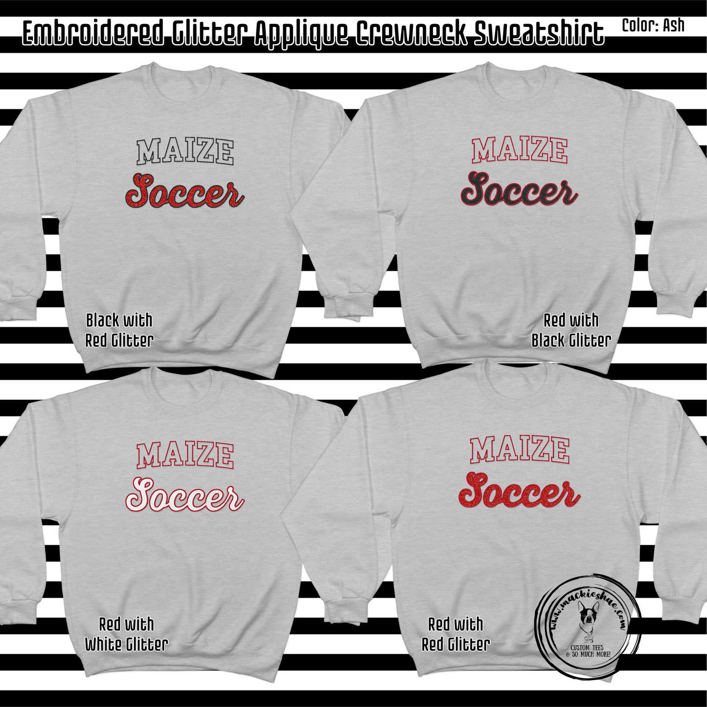 MHS Soccer- Maize Soccer Glitter Applique Embroidered Ash Crewneck Sweatshirt