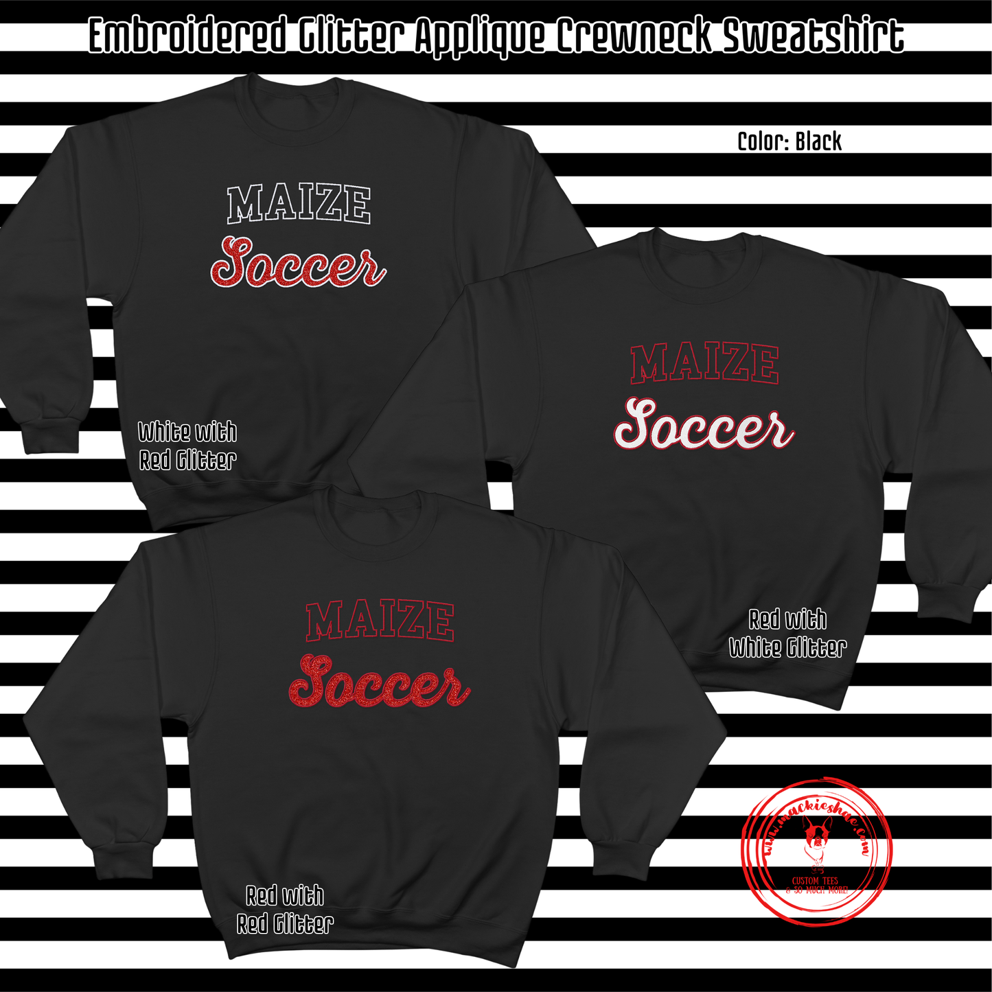 MHS Soccer- Maize Soccer Glitter Applique Embroidered Black Crewneck Sweatshirt
