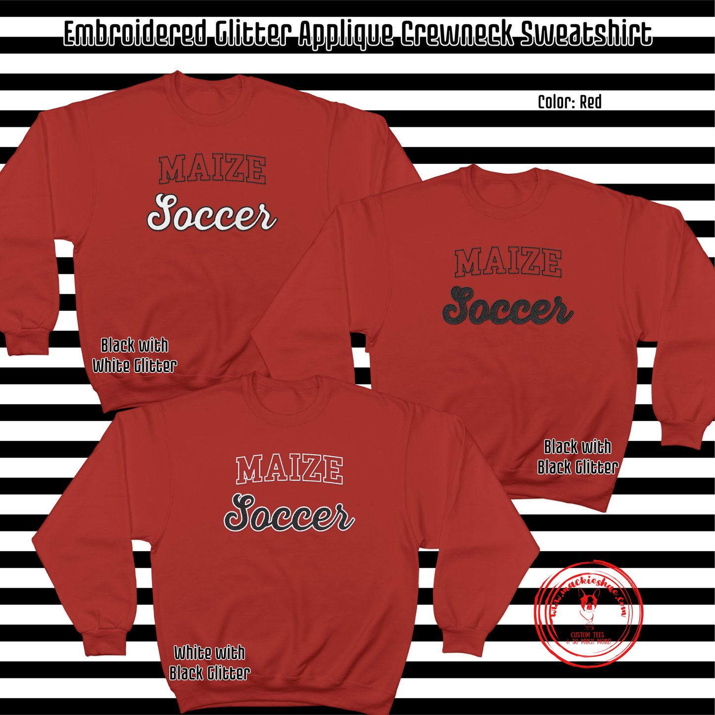 MHS Soccer- Maize Soccer Glitter Applique Embroidered Red Crewneck Sweatshirt