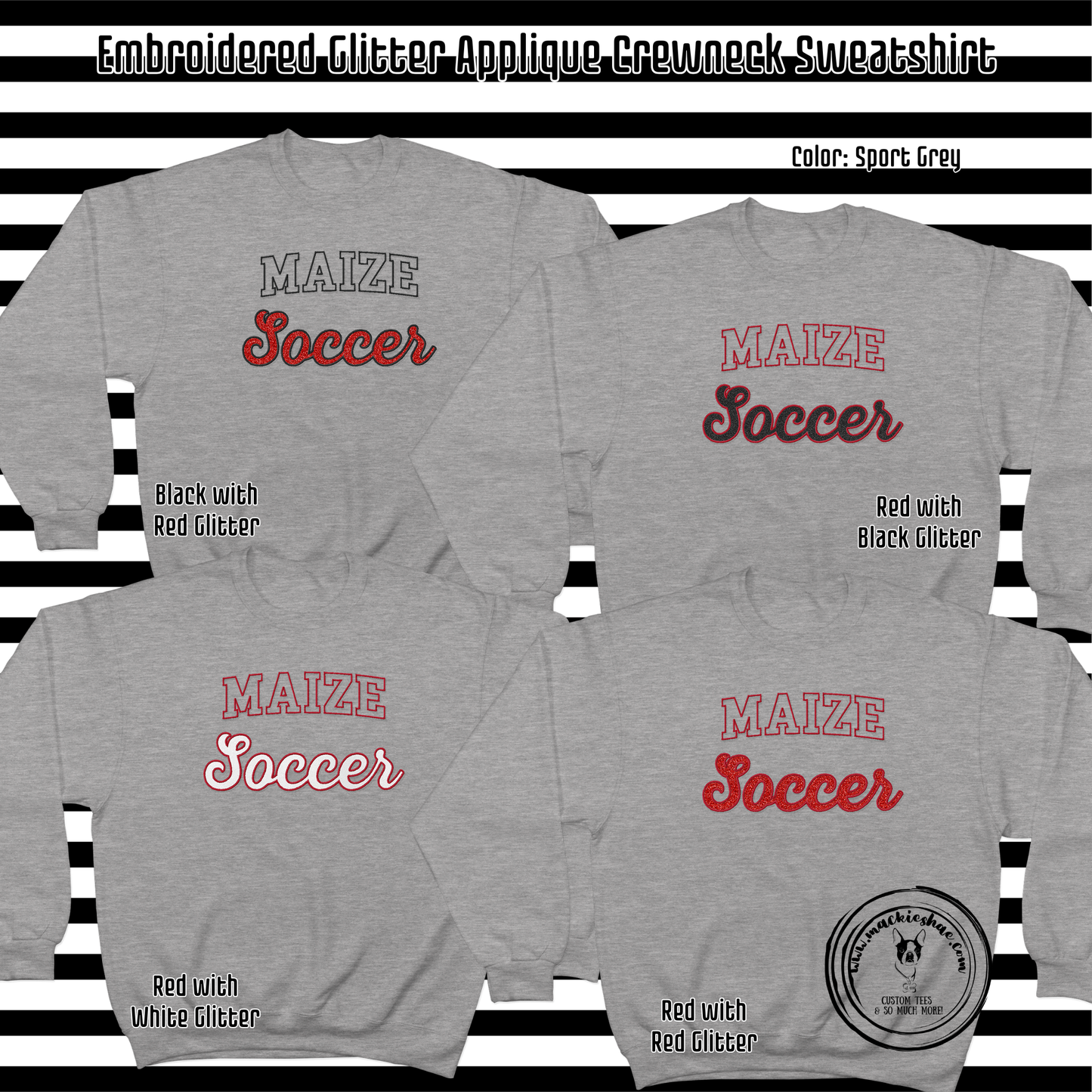 MHS Soccer- Maize Soccer Glitter Applique Embroidered Sport Grey Crewneck Sweatshirt