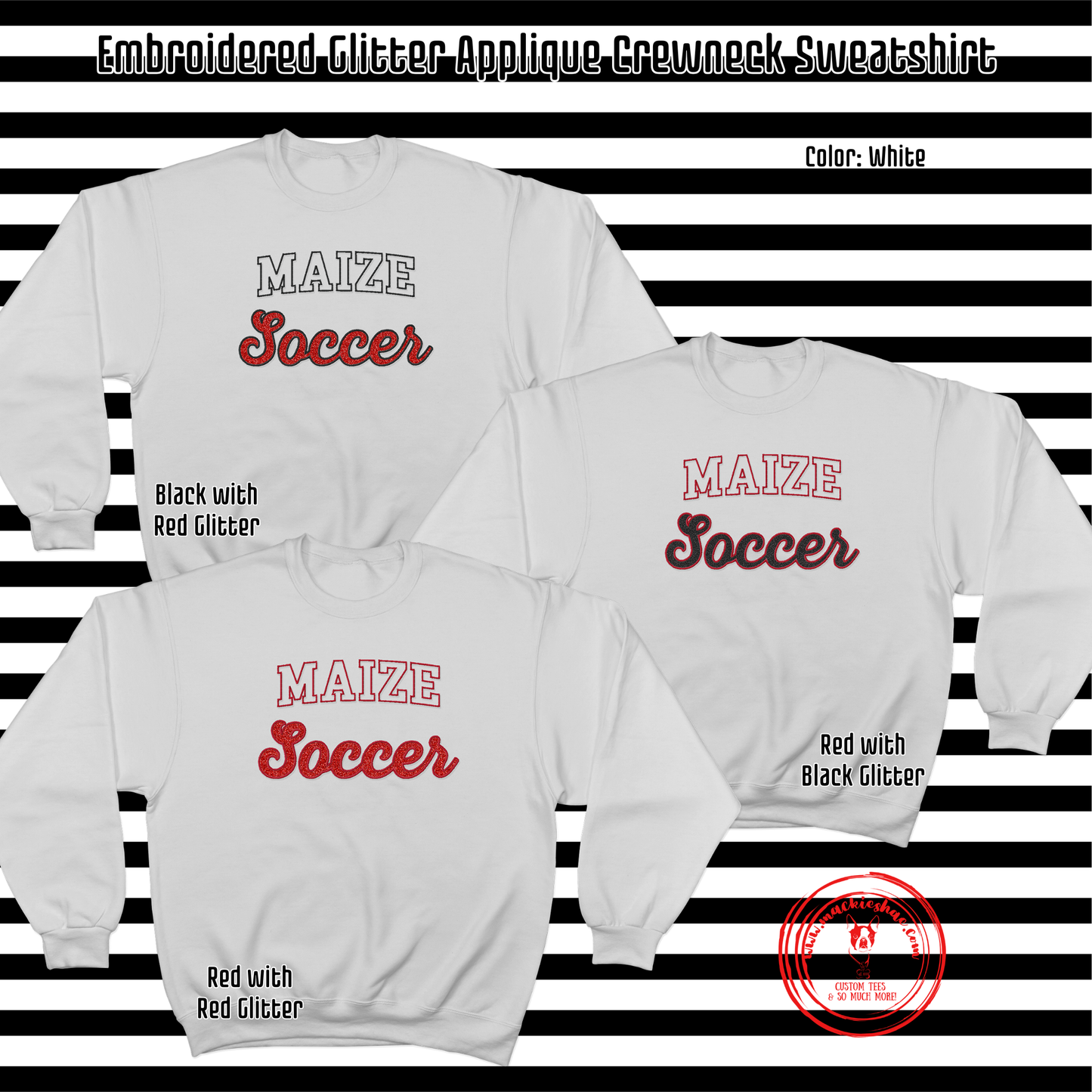 MHS Soccer- Maize Soccer Glitter Applique Embroidered White Crewneck Sweatshirt