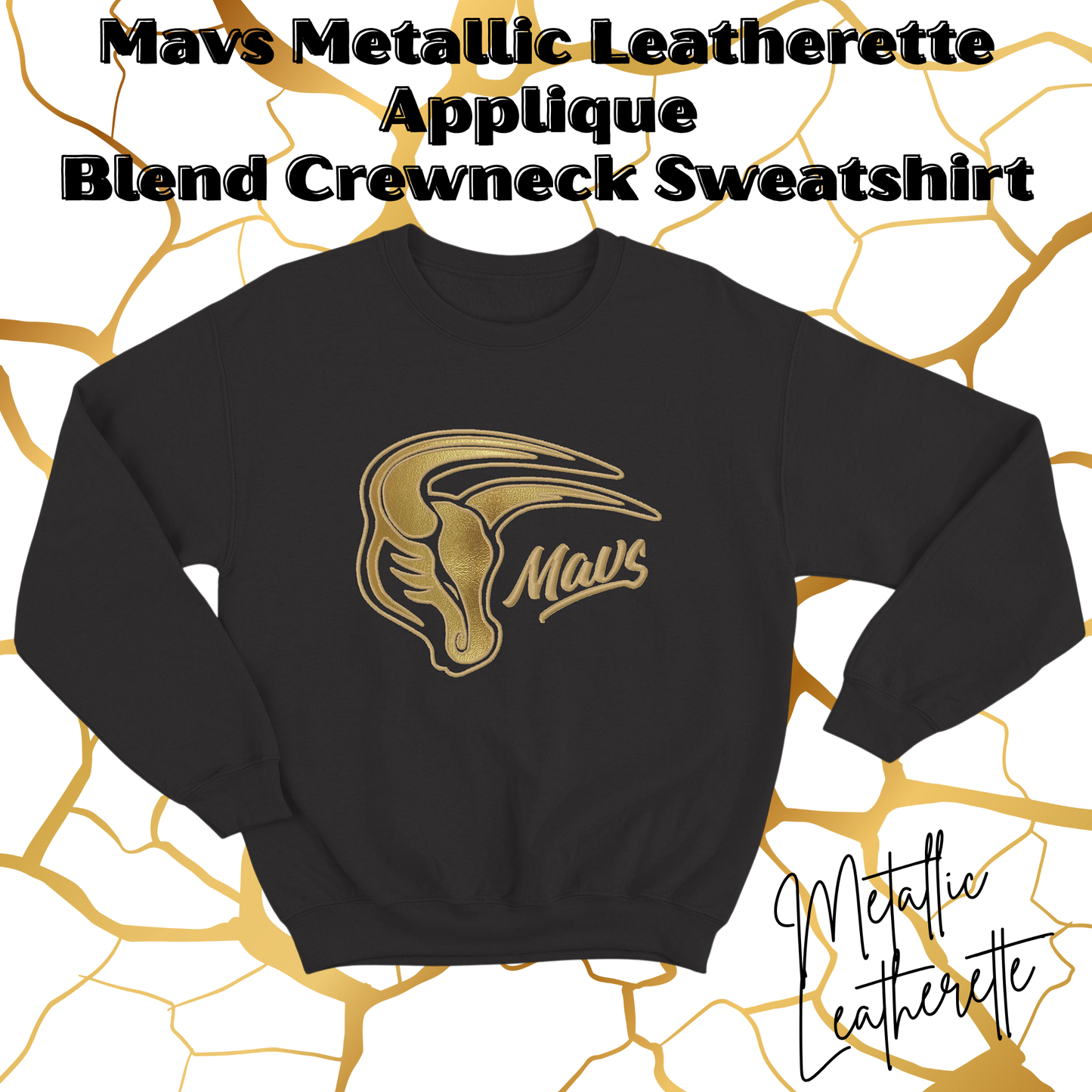 Mavs- Mavs Metallic Leatherette Applique Embroidered Black Blend Crewneck Sweatshirt