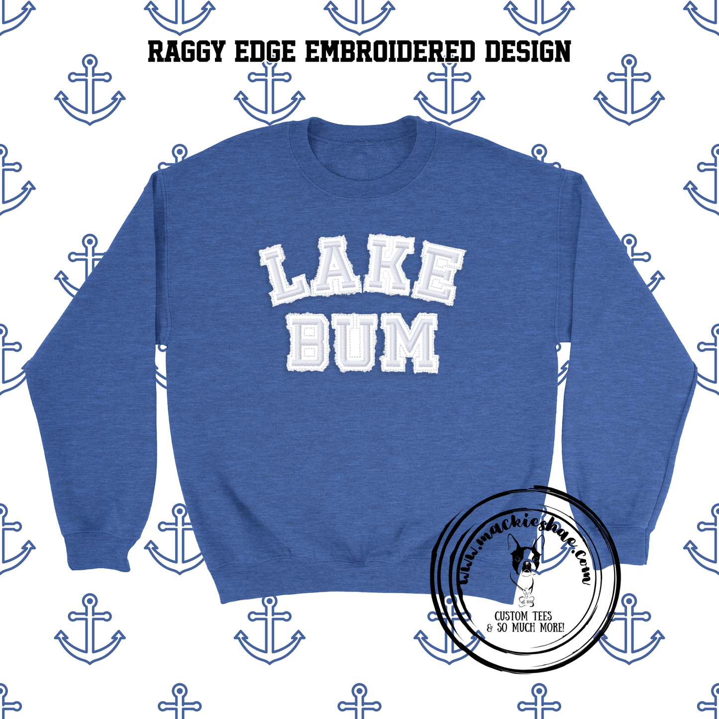Lake Bum Raggy Edges Applique Embroidered Blend Black Crewneck Sweatshirt