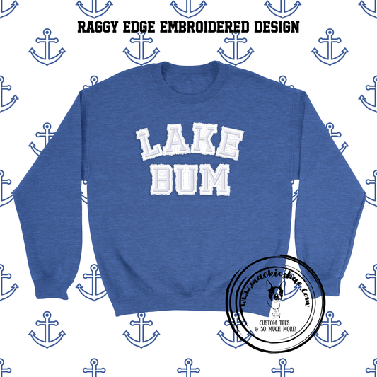Lake Bum Raggy Edges Applique Embroidered Blend Black Crewneck Sweatshirt