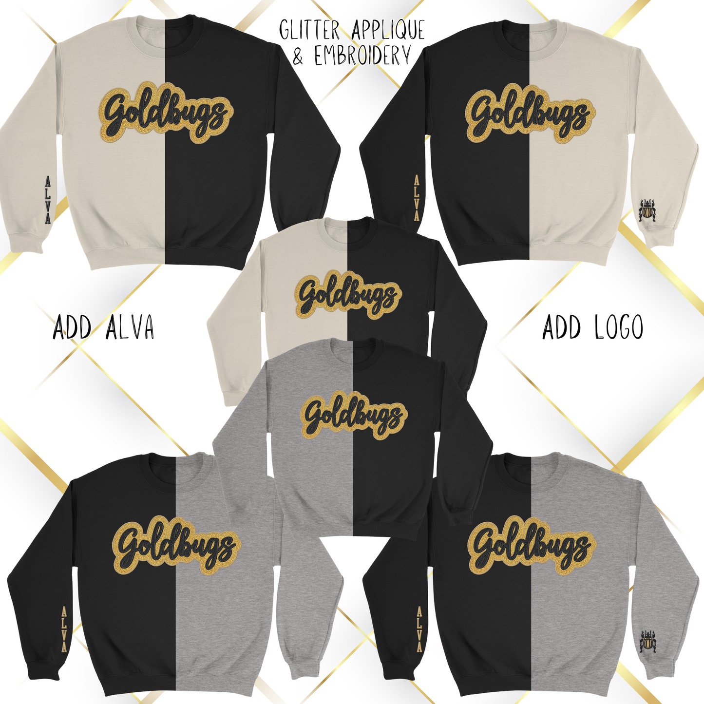 Alva Goldbugs Glitter Applique and Embroidered Split Two Toned Crewneck Sweatshirt, Sleeve Options