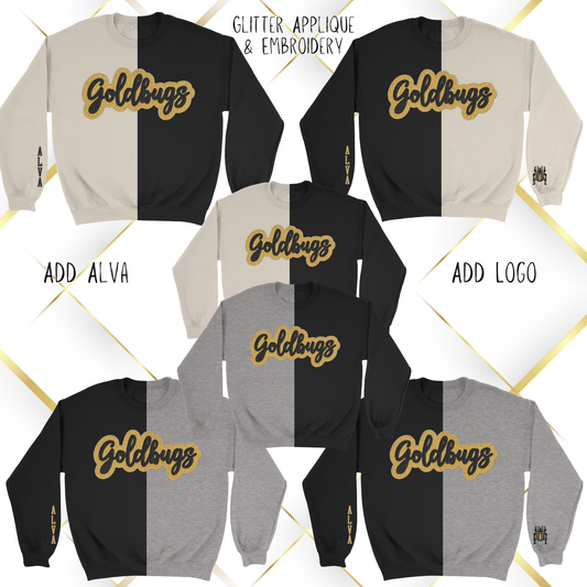 Alva Goldbugs Glitter Applique and Embroidered Split Two Toned Crewneck Sweatshirt, Sleeve Options