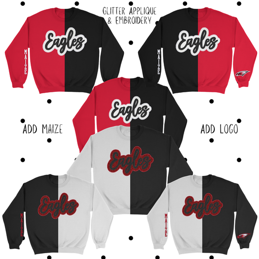 MMS- Maize Eagle Glitter Applique and Embroidered Split Two Toned Crewneck Sweatshirt, Sleeve Options