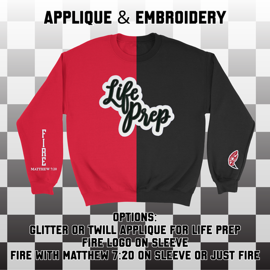 Life Prep Academy Applique and Embroidered Split Two Toned Crewneck Sweatshirt, Sleeve Options