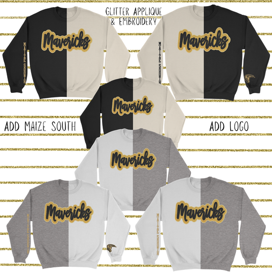 Mavs- Maize South Mavericks Glitter Applique and Embroidered Split Two Toned Crewneck Sweatshirt, Sleeve Options