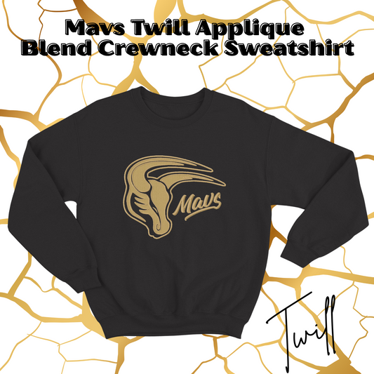 Mavs- Mavs Twill Applique Embroidered Black Blend Crewneck Sweatshirt