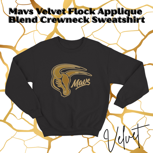 Mavs- Mavs Velvet Flock Applique Embroidered Black Blend Crewneck Sweatshirt