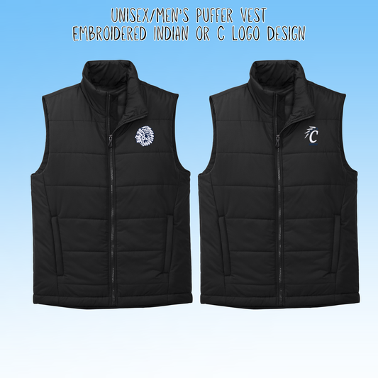 Clearwater- Indian or C Logo Embroidery Black Puffer Vest (Unisex/Men's)