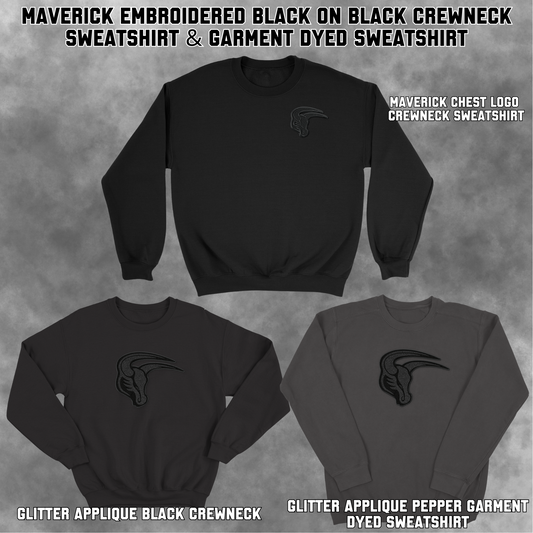 Mavs- Maverick Black on Black Embroidered Blend Crewneck and Garment Dyed Sweatshirt