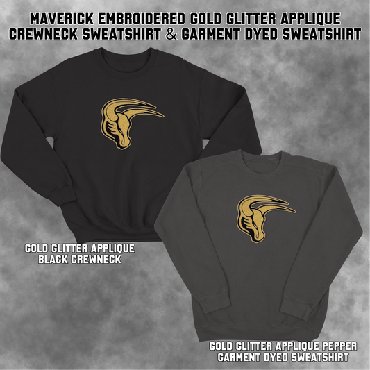 Mavs- Maverick Gold GLITTER Applique Embroidered Blend Crewneck and Garment Dyed Sweatshirt