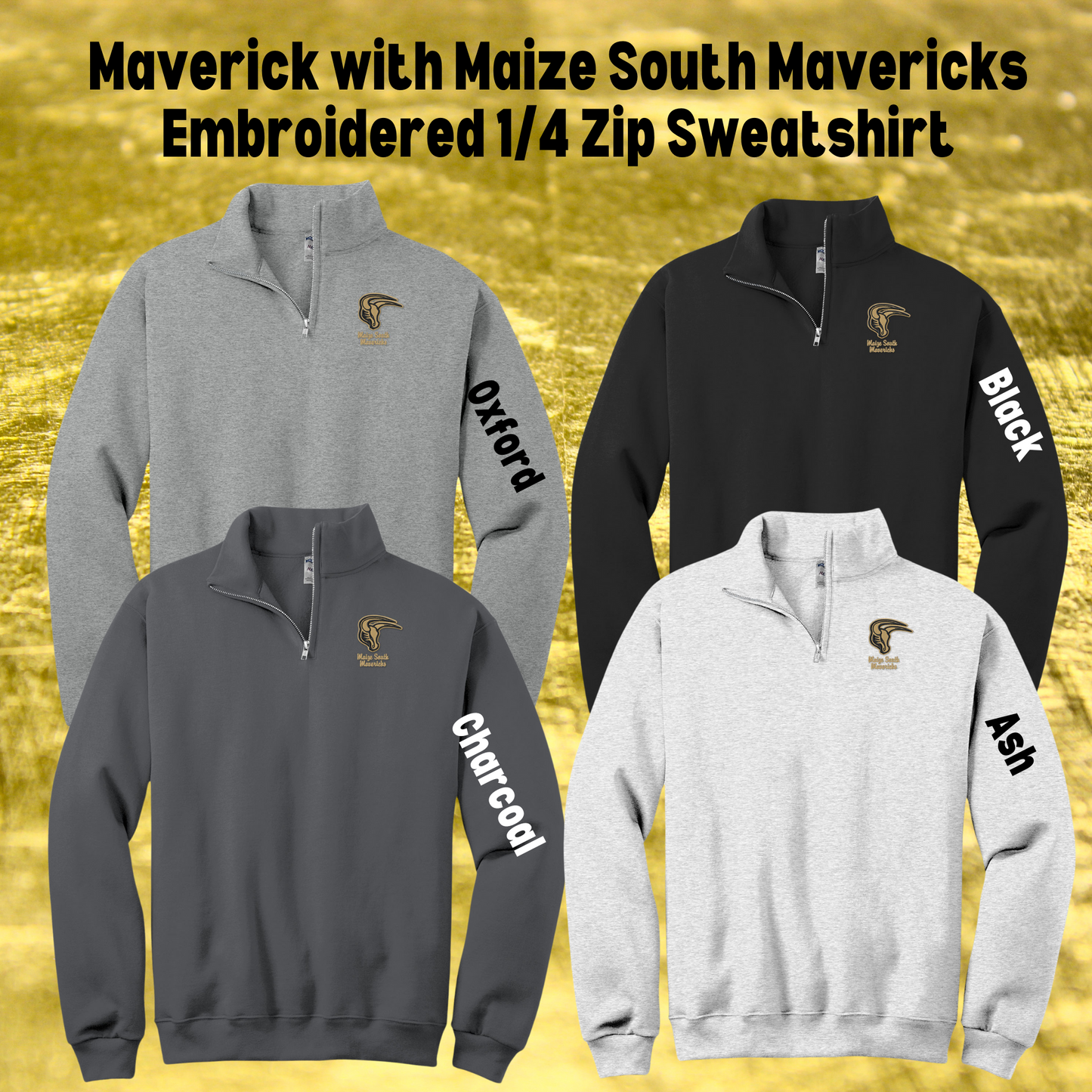 Mavs- Maverick with Maize South Mavericks Embroidered 1/4 Zip Sweatshirt for Adults