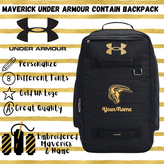 Mavs- Maverick Under Armour Contain Black with Gold UA Backpack with Embroidery Design, Personalize with your Name!
