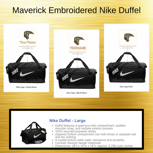 Mavs- Maverick Nike Duffel Bag with Embroidery Design, Personalize with your Name! (large)