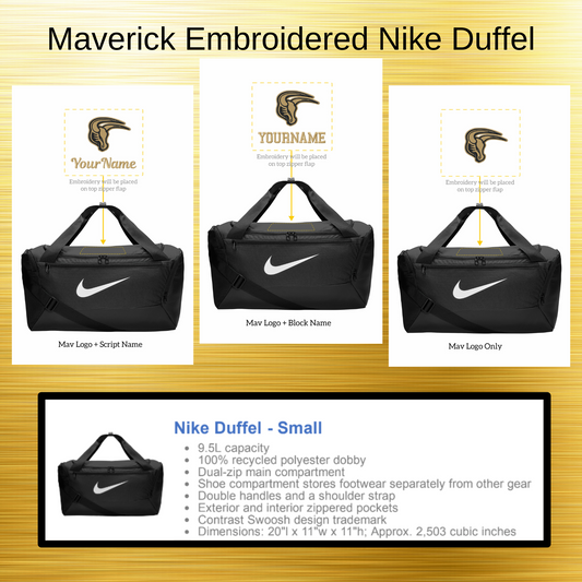 Mavs- Maverick Nike Duffel Bag with Embroidery Design, Personalize with your Name! (small)