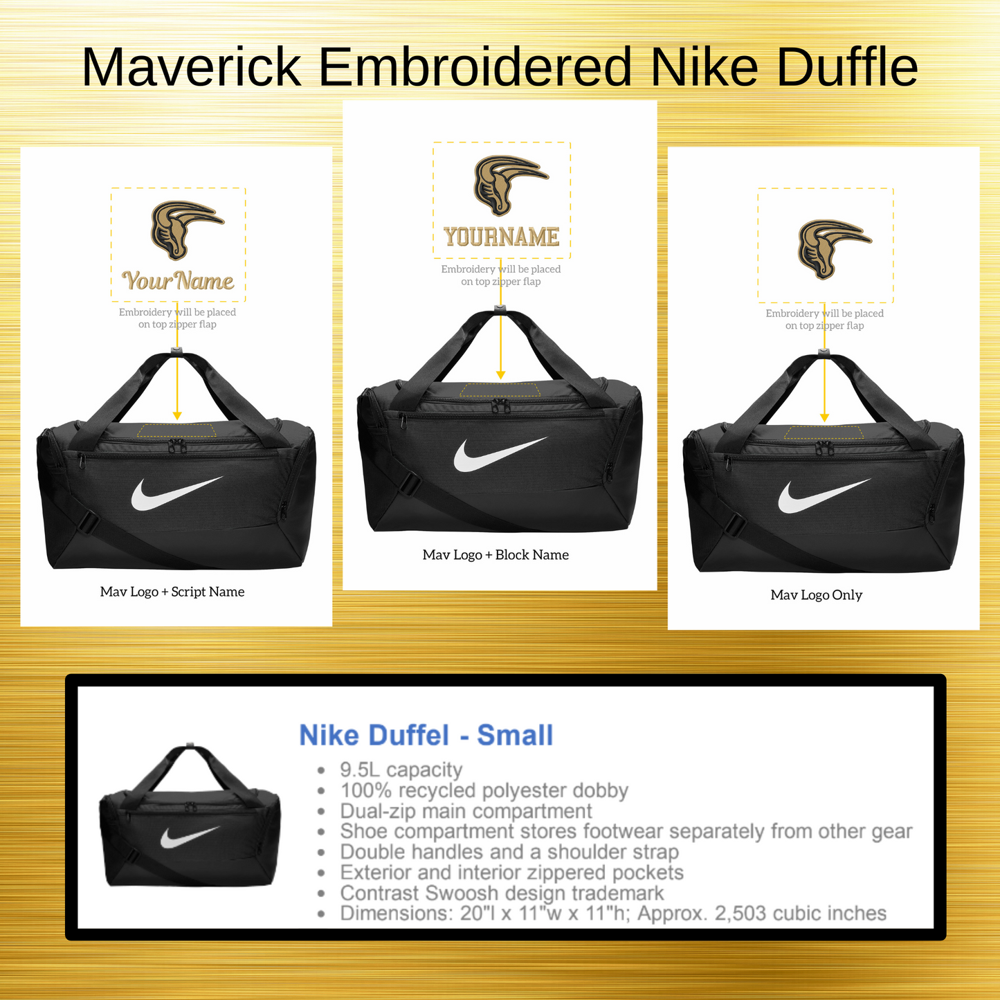 Mavs- Maverick Nike Duffle Bag with Embroidery Design, Personalize with your Name! (small)